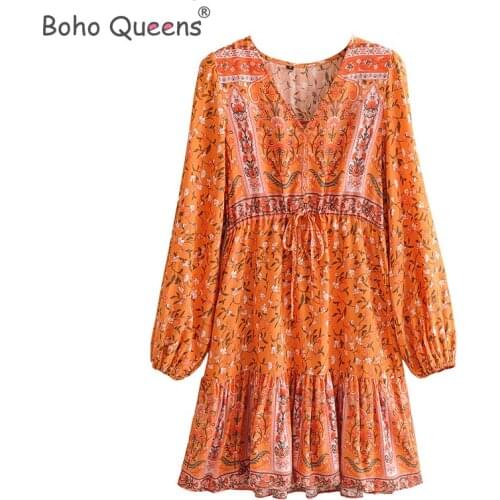 Boho Queens women hippie green floral print V-neck Bohemian mini dress Summer ladies flare sleeve dresses vestidos