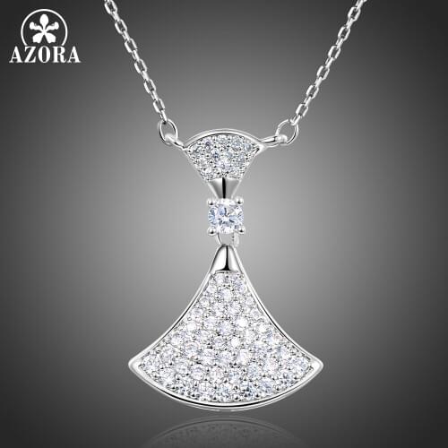 AZORA Spring Collection Round Cut Clear Cubic Zirconia White Gold Fan Shape Pendant Necklaces for Women Fashion Jewelry TN0252
