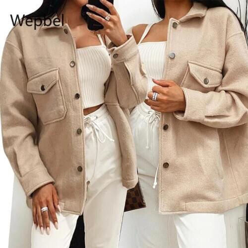 WEPBEL Autumn Women Jackets Double-Faced Woolen Goods Single-Breasted Coats Lapel Loose Jackets Long-Sleeve Shirt Outwear