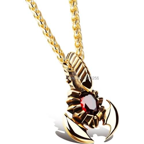 Gold Cool 24'' wheat braid Chain + Biker scorpion Red Stone Pendan Necklace Stainless Steel Fashion Mens XMAS Gifts