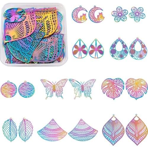 40Pcs/Box 201 Stainless Steel Colorful Filigree Teardrop Flower Leaf Butterfly Crescent Moon Fan Charms Links for Jewelry Making