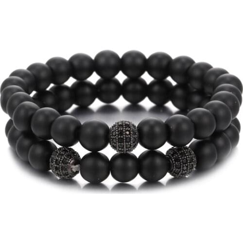8mm Black Matte Stone beads men bracelet 2pcs/set CZ copper ball bracelets Jewellery for pulsera hombre armband accessories
