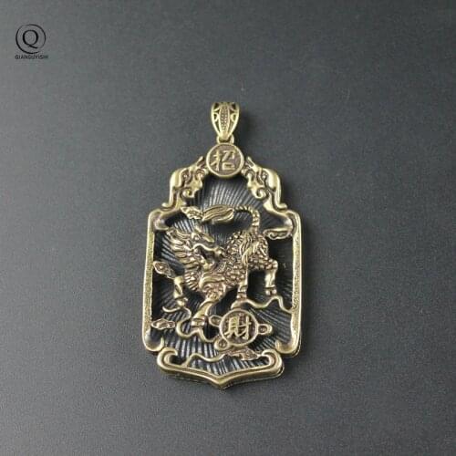 Antique Copper Chinese Beast Qi Lin Big Pendant Necklace Ancient Animal Lucky Kirin Chinese Letter Blessing Birthday Present