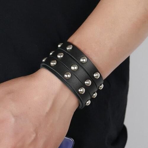 New Fashion Wide Three Row Rivet Leather Bracelet Punk Gothic Motorcycle Bracelet Classic Mens Hip Hop Party Jewelry