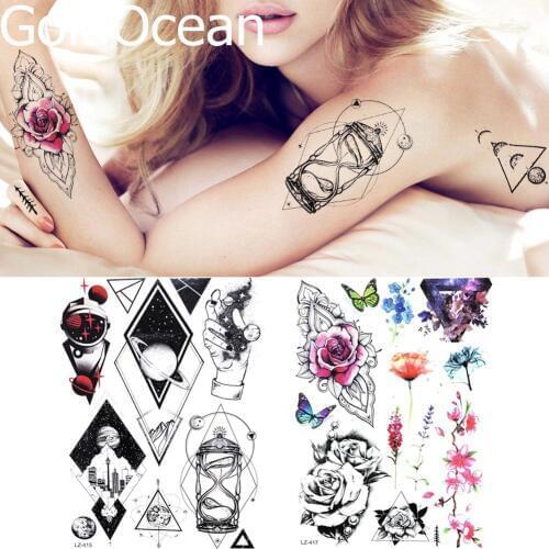 Fashoin Geometric Planet Temporary Tattoo Men Body Arm Neck City Tattoo Stickers Women Sexy Flower Flash Fake Tatoos Hourglass
