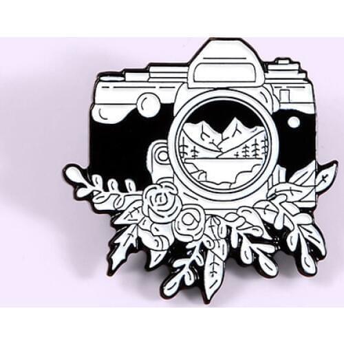 Painting Camera Enamel Pin Nature Landscape Forest Flower leaf Photography Mountain Adventure Brooch Badge Gift for Photographer