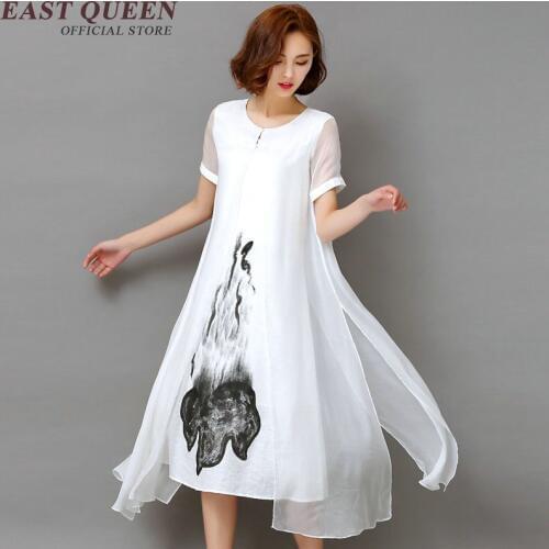 Chinese oriental dresses women white linen dress ladies women linen clothing chinese style embroidered linen dress AA1083