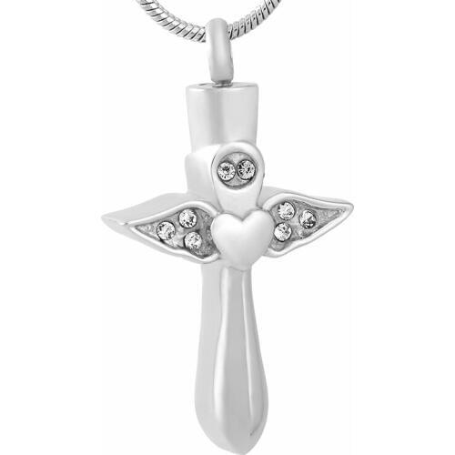 KLH9712 Stainless Steel Wings & Heart Cross Cremation Jewelry Keepsake Memorial Ash Urn Necklace Holder