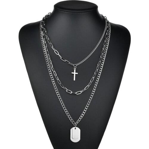 Punk Multilayer Curb Chain Necklace Trendy Cross Pendant Necklace Men Simple Metal Alloy Hip Hop Long Necklace Fashion Jewelry