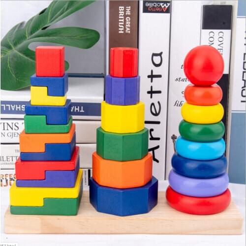 Montessori early education teaching aids colorful sets of pillar blocks wooden geometric toys A three-column geometric tower