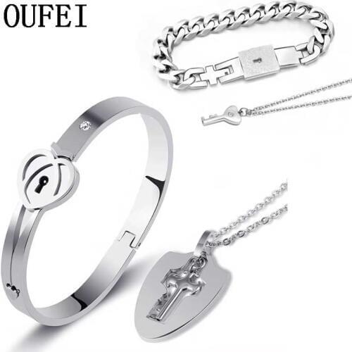 OUFEI Fashion Lovers Couple Jewelry Sets Stainless Steel Love Heart Lock Bracelets Bangles Key Pendant Necklace Couples Set