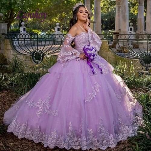 Lilac Long Sleeve Quinceanera Dresses Ball Gown Off Shoulder Plus Size Mexican 15 year old Sixteen Princess Sweet 16 Prom Dress