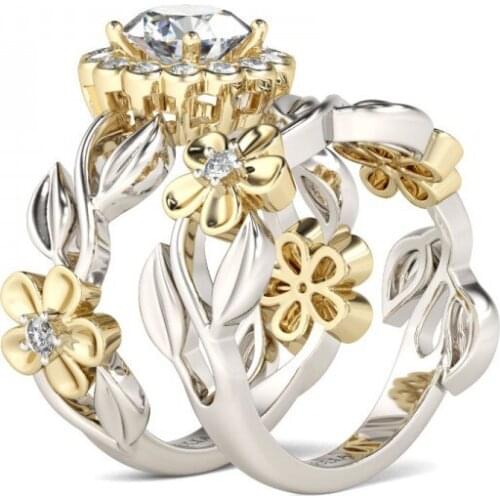 Luxury Gold Fashion Flower Ring set White Zircon crystal Jewelry for Woman Wedding Engagement JEUR-0120