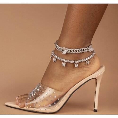 Rose Gold Color Pink Clear CZ Cuban Leg Chain 2021 Hot Fashion Women Bling Iced Out Cuban Links Pink Butterfly Anklet Jewelry