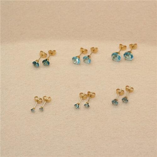Size 3mm to 8mm 316L Stainless Steel Lake Blue Color Round Zircon Stud Earrings No Fade Allergy Free Brief Jewelry