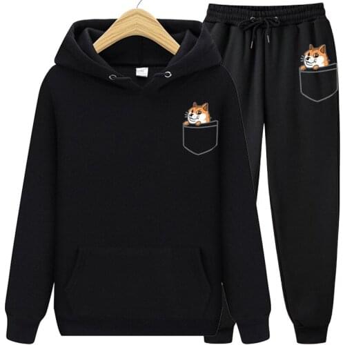 New Spring Autumn Pocket Cat Letter Printed Hoodies+Pants Men Casual Hoodies Sweatshirt Sportswear Female Fleece Hooded Jacket