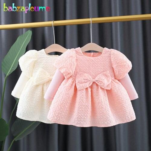 2021 Spring Fall Korean Toddler Girl Dresses Pink White Big Bow Long Sleeve Birthday Party Newborn Baby Princess Dress BC2054-1