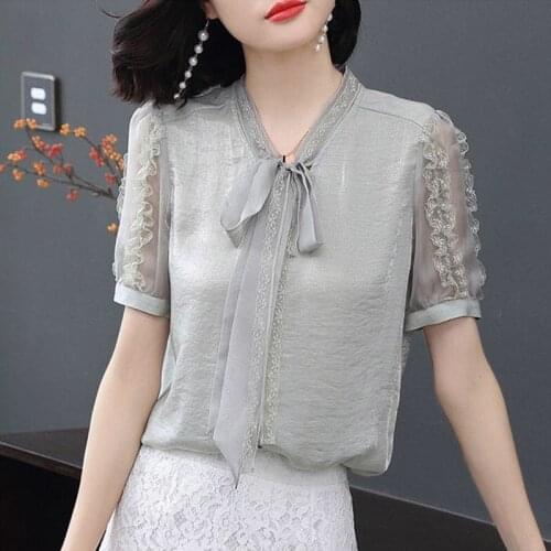 Summer Korean Style Women Ladies Lace Patchwork Short Sleeve Ruffle White Bow Tops And Blouses , 2019 Womens Woman Top Blouse