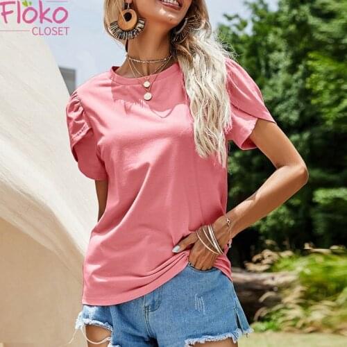 Flokocloset Women Summer Short Sleeve Lady T-shirts Casual O-Neck Solid Color Tops Basic Tees