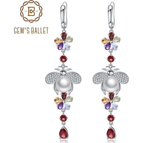 GEMS BALLET Natural Flower Multicolor Gemstone Earrings 925 Sterling Silver Freshwater Pearl Vintage Drop Earrings For Women