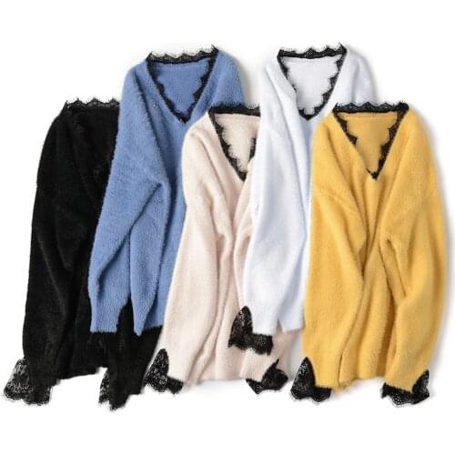 Women Solid Color Long Sleeve V Neck Lace Pullover Plus Size Sweater Soft Warm Sweater pull femme nouveaute