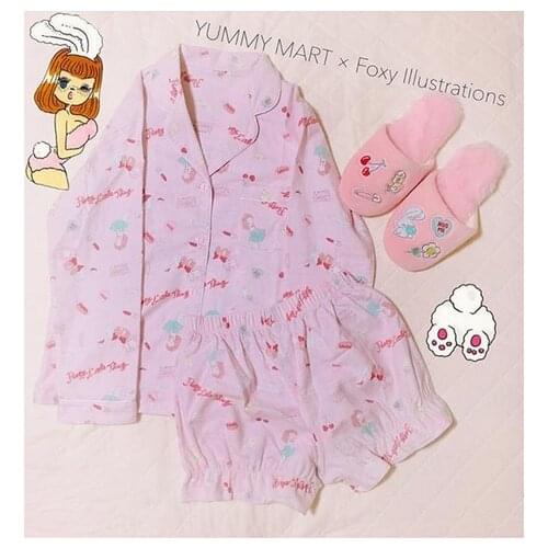 Cute Womens Sleep Wear Pink Cotton Long Sleeve Blouse Shirt + Pumpkin Shorts / Trousers Pajamas Set Japanese Foxy X YUMMY MAR
