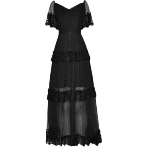 New 2021 Summer Long Party Evening Vestidos High Quality Women V-Neck Sexy Tulle Mesh Patchwork Flare Sleeve Lace Maxi Dresses