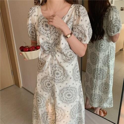 2021 Women Summer Vintage Long Shirt Dress Single Breasted Square Collar Puff Sleeve Print A-line Midi Sundress