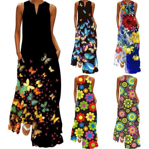 Summer 2021 New Womens Dresses Printed V-neck Pocket Long and Large Swing Vintage Dress Summer Dress