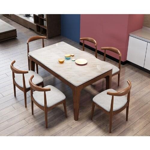 1.5m Nordic Fire Stone Solid Wood Rectangular Modern Simple Walnut Color Dining Table 6 Chairs