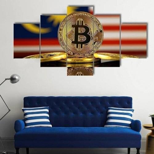 Unframed 5 Panel Malaysia Flag with Bitcoin Gift Prints Pictures Wall Art Home Decor Posters Canvas Paintings for Living Room