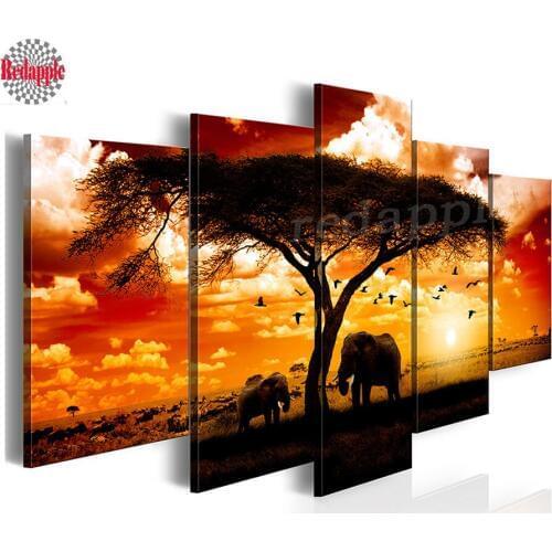 Elephants Diamond Embroidery 5 pcs big tree cloud sunset scenery DIY Diamond Painting Full Drill Square round Rhinestone Mosaic
