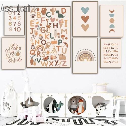 Boho Wall Print ABC Alphabet Canvas Painting Animal Prints Rainbow Posters Number Poster Nursery Wall Picture Baby Bedroom Decor
