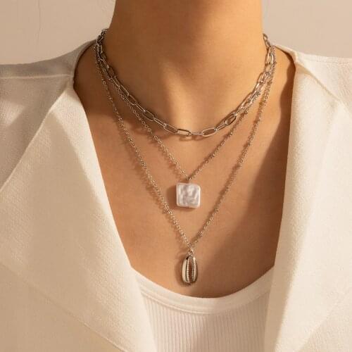 Docona Vintage Silver Color Shell Pendant Necklace for Women Multilayer Irregular Pearl Sweater Chain Jewelry Party Gift Collar