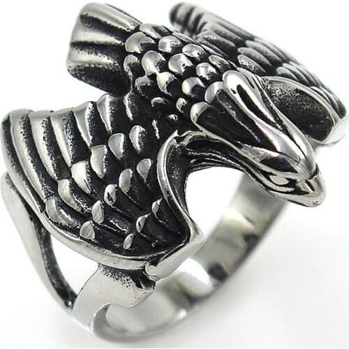 AsJerlya Flying Eagle Knight Ring Cool Punk Mens Animal Retro Stainless Steel Ring Jewelry Vintage Eagle Wing Party Ring Gift