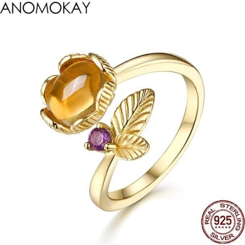 Anomokay Bohemia Trendy Yellow Crystal Leaf Open Rings for Women Girl Gift 925 Sterling Silver Plant Ring Luxury Jewelry