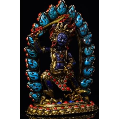 5"Tibet Temple Collection Old Bronze Lapis lazuli mosaic Gem Dzi Bead Raise the sword Vajra Bodhisattva Back light Buddha