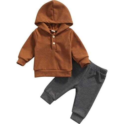 2021 0-3Y Casual Kids Baby Girl Boy Clothes Set Brown Solid Button Long Sleeve Hooded Sweatshirt+Harem Pants Spring Fall 2pcs
