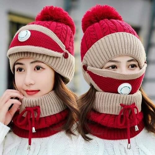 2020 New 3 Pieces Set Womens Knitted Hat Scarf Caps Neck Warmer Winter Hat For Ladies Girls Skullies Beanies Warm Fleece Caps