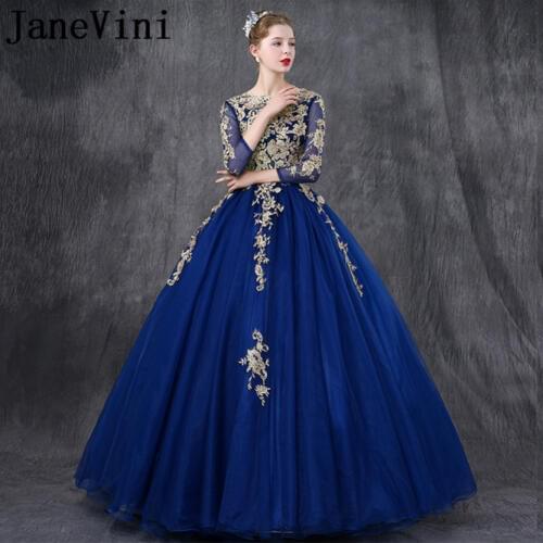JaneVini Charming Royal Blue Long Bridesmaid Dresses With Sleeves Ball Gown Gold Lace Appliques Pearls Girls Pageant Party Gowns