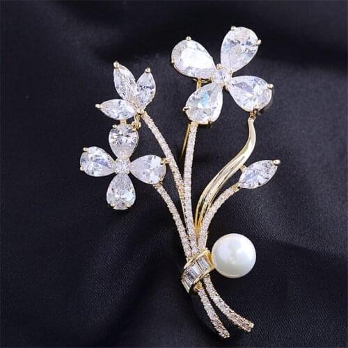OKILY Lovely Gold Color Zircon Bouquet Brooches for Women Brooches Pins Fashion Brooch wIth Pearl Overcoat Acessories