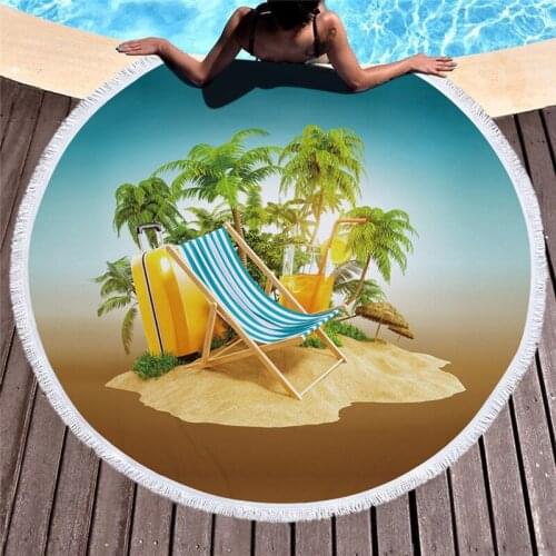 Seaside Scenery Microfiber Beach Towel for Adult Yoga Mat Tassel Large Round Towel Tapestry Home Decor Blankets
