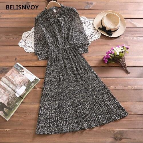 Chic Bow Floral Printed Dress Women 2021 Spring Autumn Long sleeve Midi Dress Vintage Pleated Chiffon Party Female Vestidos
