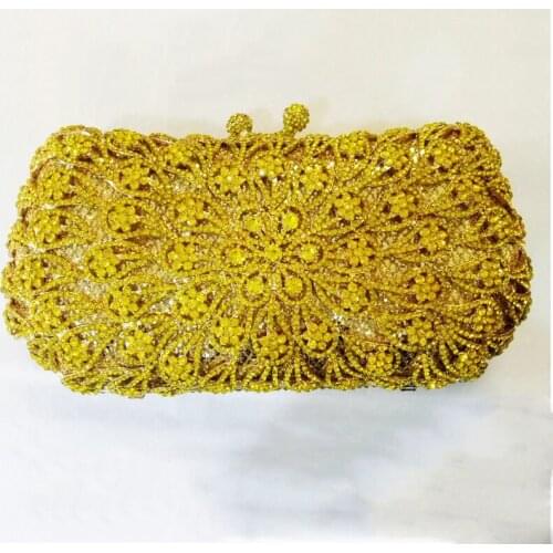 Yellow/Silver Flower Crystal Evening Clutch Purse 100% Handmade Women Shoulder Handbags Girls Lady Wedding Bridal Pocket Bags