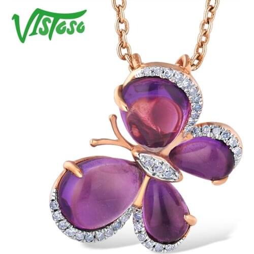 VISTOSO 14K 585 Rose Gold Butterfly Pendant For Women limpid Amethyst Shiny Diamond Chic Lovely Pendant Anniversary Fine Jewelry