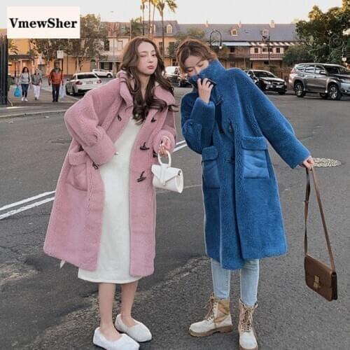 VmewSher New Elegant Women Faux Fur Coat Long Winter Warm Horn Buttons Cashmere Jacket Pockets Chic Plush Loose Overcoat Outwear
