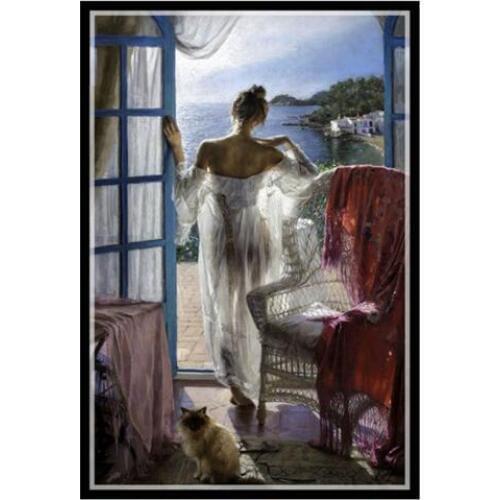 Sea View Needlework Sexy Beauty 14CT Unprinted Embroidered Handmade Scenery Quality Counted Cross Stitch Kits set Pattern