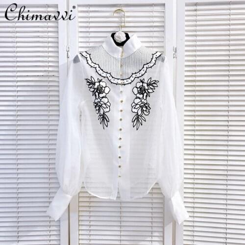 2021 New Spring Women Stand Collar Retro Single-breasted Mesh Stitching Embroidery White and Black Lantern Sleeve Shirt Blouses