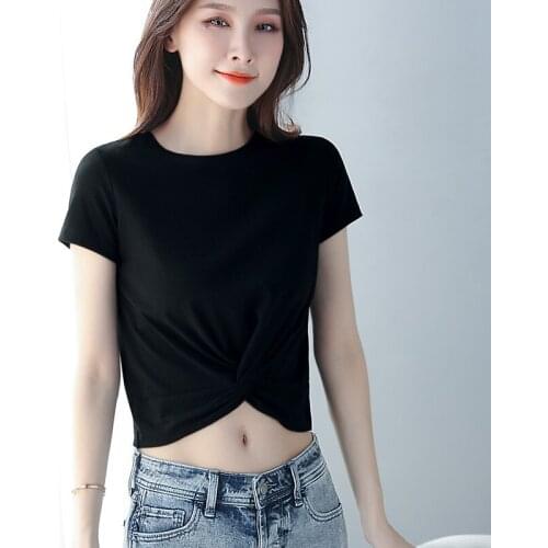 Women Cotton T-shirt Round-neck Short Sleeve Solid color All match Lady Top for Summer spring women Casual Shirt