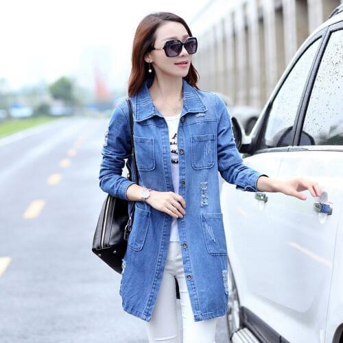 Women Basic Jeans Coat 2019 Autumn Ladies Denim Jackets Women Hole Long Sleeve Casual Denim Jacket Outerwear Plus Size 5XL R450